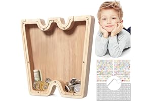 MoneRffi Personalized Letters Wooden Piggy Bank, A-Z Letters Coin Bank Money Box with Clear Alphabet Stickers, Money Saving Bank For Family Christmas Birthday Gift Home DIY Decoration