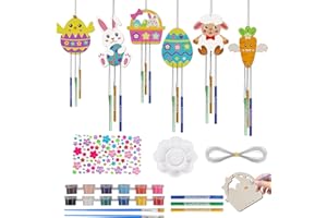 Suaflny Lot de 6 carillons éoliens de Pâques pour enfants - Bricolage en bois - Kit de bricolage pour enfants - Peinture - Décoration de Pâques - Printemps - Fille et garçon