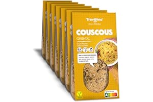 Cous Cous Oriental Trevijano : 7 sacs de 300 g chacune. Sans additifs ni conservateurs, uniquement des ingrédients végétaux déshydratés : cous cous, oignon, poivron vert, poivron rouge, curry