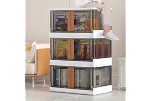 Carastek Pudełko do przechowywania z pokrywką, 72L, składane pudełka do przechowywania, przezroczyste, z drzwiami, do przechowywania zabawek z możliwością układania w stos (3 sztuki)