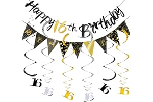 ALEGRE 16 Geburtstag Junge Mädchen Partydeko Set, Happy Birthday Banner 16 Jahre,Sweet 16 Deko Luftschlangen,Deko 16 Geburtstag Mädchen Schwarz Gold,16. Geburtstage Junge Girlande Spiralen,Geburtstagsdeko 16
