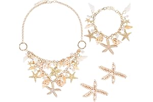 Moxiewell Ensemble de Bijoux Coquillage, Collier Sirène Avec Bracelet Coquillages et Perles et Pince à Cheveux étoile de mer, Sirène Bijoux Fantaisie Été Plage pour Fête des Mères été Mariage Hawaïen