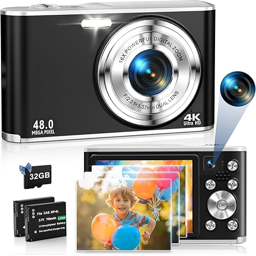 4K Digital Camera, 48MP Autofocus Compact Kids Camera with Dual Camera, 16X Digital Zoom Point and Shoot Cameras with 32GB Card & 2 Batteries Vlogging Camera Gift for Teen Beginners - Black