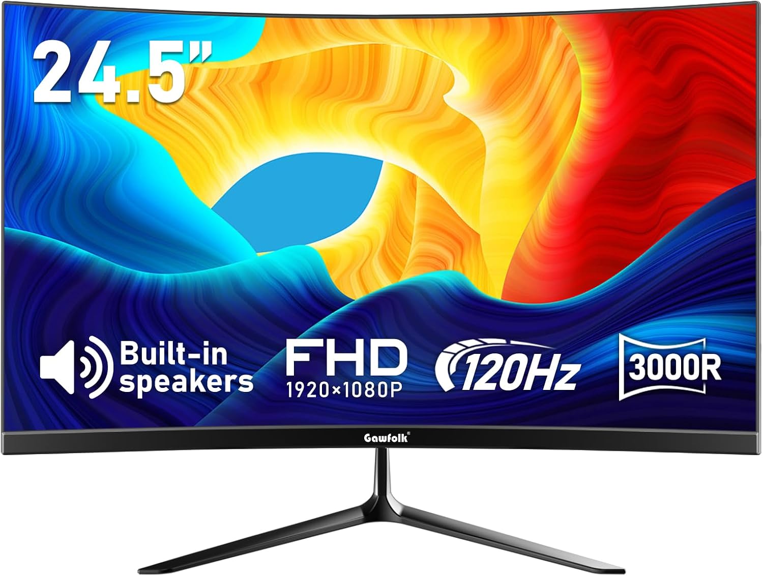 Gawfolk 24.5 inch PC Screen, Curved(3000R) 120hz Gaming Monitor with Built-in Speakers FHD 1080p 1ms Bezel-less, 98% sRGB, 178° Wide Angle, HDMI、VGA, Compatible with Wall Mounted VESA 75*75MM - Black