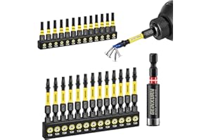 GEINXURN Torx Lot de 26 Embouts de Vissage aux Chocs T20 25mm 50mm, Jeu d'embouts Magnétique pour Visseuse Tournevis Tige Hexagonale 1/4" S2 en Acier Allié avec 1 Porte-embout de 60mm, Code Couleur