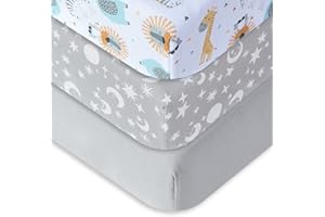 Bimocosy Lot de 3 draps-housses pour lit bébé - 70 x 140 cm - 100 % microfibre - Certifié Oeko-Tex Standard 100 - Gris, ciel étoilé, animal