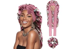 DRESHOW Gorro Saten Pelo Rizado Ajustable para Mujere Bonnet Seda para Dormir Gorro Seda Largo para Sueño con Banda Elástica para Mujeres