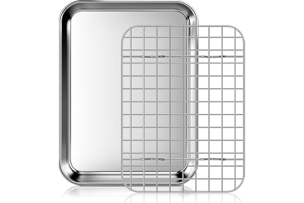 Fire More Plaque de Cuisson avec Grille de Refroidissement: un lot Plaques et Grilles pour Cuisson au Four en Acier Inoxydable, Plat Four pour Rôti la Maison Cuisine Barbecue 23,5x17,5x2,5cm