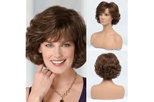 BESTUNG Peluca de mujer ondulada corta y rizada marrón oscuro con flequillo de pelo para mujeres de mediana edad 100% importada de moda sintética premium pelucas de cabello marrón para mujeres (marrón