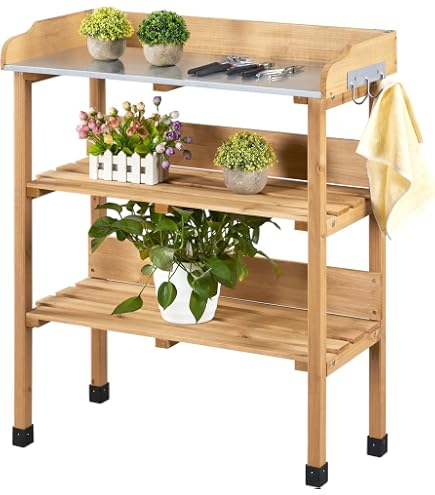TANGZON Solid Fir Wood Garden Potting Table - With Trellis, Drawer & Shelves - Planting Workstation For Balcony-612502