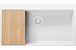 PRIMAGRAN Lavello da Cucina Tutto Bianco 88x50cm, Lavandino in Granito a 1 vasca + Sifone Classico + Tagliere, Lavabo Incasso al mobile 90cm - Oslo S431