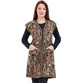 Women's Black Pocket Anatolian Pattern Three Button Long Vest