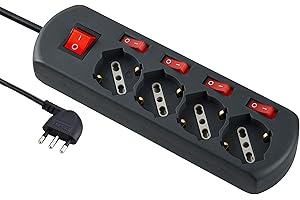 Electraline 61912 Multipresa 4 Posti Polivalenti Schuko, 4 Interruttori Indipendenti, 4 Prese Universali, Cavo di 1.5 m, Nero