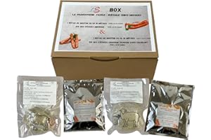 GÉNÉRIQUE BS BOX, la charcuterie facile Spéciale chipo/merguez, 1 épice à saucisse, 1 épices à merguez, 2 boyaux de mouton pour 5 kilos de viande par sachet et boyau