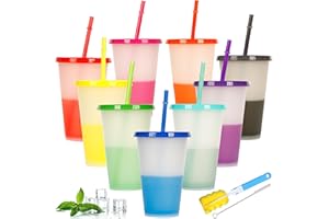 ALINK 9 Stück Becher Tasse Trinkbecher mit Strohhalm & Deckel - 480ml Farbwechselbecher Mehrweg Plastikbecher Kinder Tasse Cup Travel Mug Tumbler Eiskaffee Kaltes Trinken Smoothie Saft
