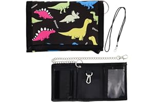TOKSEO Kindergeldbeutel mit Klettverschluss, Kordelzug, Metallkette, Geldscheinfach und Münzfach, 8 x 12 cm Faltbare Dinosaurier Motive Portemonnaie Kinder Geschenk für Kinder