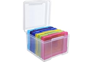 BELLE VOUS 5x7 inch Clear Photo Storage Boxes - 6 Multicoloured Inner Photo Keeper for 600 Photo Capacity - Craft & Photograph Organiser Cases - Also Suitable for Cards, Stamps, Seeds and More