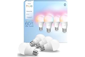 Philips Hue Essential Ampoule LED Connectée A60, White and Color Ambiance, Ampoule E27, 8W, 2200-6500 K, 806 lumens, Intensité réglable, Compatible Alexa, Google Assistant et Apple Home, Pack de 4