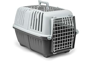 lionto Hundetransportbox aus Kunststoff mit Metallgitter, 58,5x35,5x40 cm, Transportbox mit praktischem Schließsystem & Tragegriff, auch geeignet für Katzen & Kleintiere, für Haustiere bis 15kg, grau