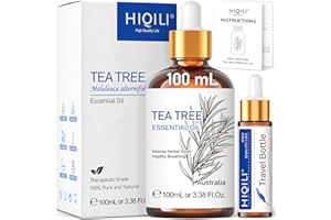 HIQILI Huile Essentielle Tea Tree 100ML, 100% Pure et Naturelle, Huile d’Arbre à Thé de pour Peau, Cheveux, Pieds, Contre les Mycoses- 3.38 Fl. Oz
