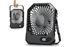 Furnsii Ventilador de Mesa e Colgante 2 en 1, Pequeño Ventilador Sobremesa Silencioso con Soporte 180° e Display LED, Portatil Mini Ventilador Escritorio USB-C Recargable (Negro)
