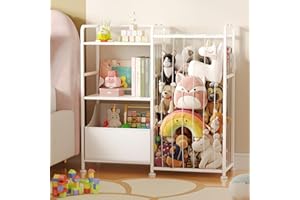 BBLIKE Stuffed Animal Storage - Stuffed Animal Net with Kids Bookshelf and Toy Organizer, 2-Tier White Bookshelf with Stuffed Animal Holder and Fabric Toy Chest for Kids Room, Playroom, Nursery