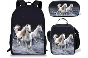 Showudesigns 3 Pieces Horse Bags Set Girls School Backpack Bookbag+Small Boys Lunch Box Pack +Pencil Bag Holder for Kids Student