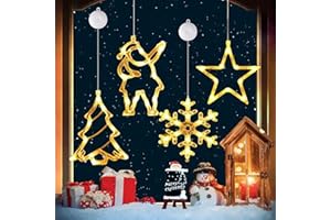 FPEAOB 4er Set Fensterdeko Hängend Fensterlicht mit Saugnapf LED Warm Weiß Batteriebetrieb Weihnachtsbeleuchtung Weihnachtsmann Weihnachtsbaum Stern Schneeflocke für Weihnachtsdeko