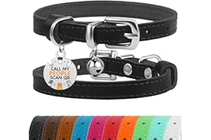 BRONZEDOG Katzenhalsband aus Leder mit Glöckchen, Nicht abreißbar, QR-Tag für Mädchen und Jungen (Schwarz und Silber, 18-23 cm)