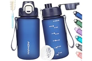 AOHAN Butelka na wodę 600 ml, butelka na napoje z filtrem, sportowa butelka na wodę z motywacyjnym narzędziem do pomiaru czasu i szczotką do butelek, bez BPA, szczelne butelki na wodę do szkoły, biura