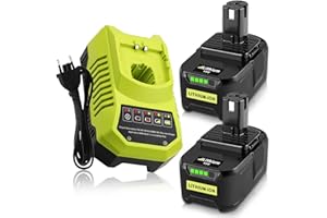 Moticett 2X 18V 5,5Ah (avec Chargeur) Remplacement Batterie pour Ryobi P106 P107 P108 P100 P102 P103 P105 Self-LED+ Chargeur 9,6V-18V 3A pour Ryobi BCL1418H