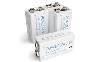 Akumulatory 9 V, POWEROWL o dużej pojemności 600 mAh 9 V litowo-jonowe PP3 baterie do mikrofonu, alarmu dymu, gier elektrycznych, rozmów i innych urządzeń (4 sztuki)