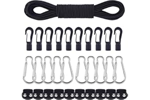 AWBEOT Corda Elastica 5mm x 20m, Tenditore Elastico Nero, Elastico in Gomma, Corde Elastiche con 10 Fermacorda a Molla, 10 Gancio in Plastica, 10 Moschettone, per Teloni, Tende, Trasporto, Lacci,Zaino