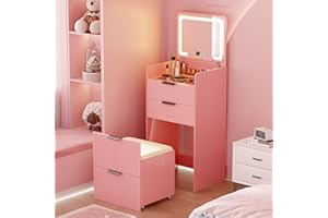 Gurexl 3 in 1 Small Vanity Desk with Plip Top Mirror,Makeup Vanity Set with Visible Glass Desktop,Compact Vanity with 3 Drawers,Storage Compartment and Padded Stool,Dressing Table for Bedroom,Pink