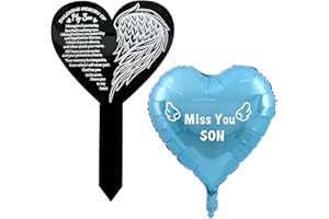 MKISHINE Heart Memorial Garden Stake, Cemetery Remembrance Plaque, Son Birthday Balloon Grave Marker, Outdoor Yard Decor Miss You Son Memorial Balloon Heart-Shaped