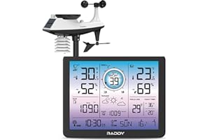 Stazione meteorologica wireless Raddy VP7 con sensore esterno 6 in 1: temperatura, umidità, pressione barometrica, pluviometro, velocità e direzione del vento, display da 7,4" con orologio DCF