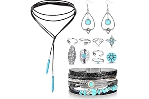 ORAZIO 13 szt., turkusowa biżuteria, wisiorek, długi zamsz, naszyjnik, vintage, turkusowy, oświadczenie, kolczyki ze skórzanym mankietami, zestaw do układania w stos