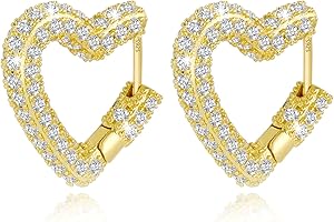 ASH'S CHOICE Boucles d'Oreille Cœur Argent 925, Créoles Épaisses Grands Zircon, Chunky, Géométrique, Ovales, Carrées, Rondes, Hypoallergéniques, Plaqué or 14 Carats, Femme