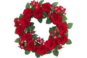 SMLJFO Künstliche Rosenkranz, Türkranz, Kunstseide, Sommerkranz, Rosen, künstliche Blume, Bauernhauskranz für Innen- und Außenbereich, Wanddekoration (42 cm), Rot