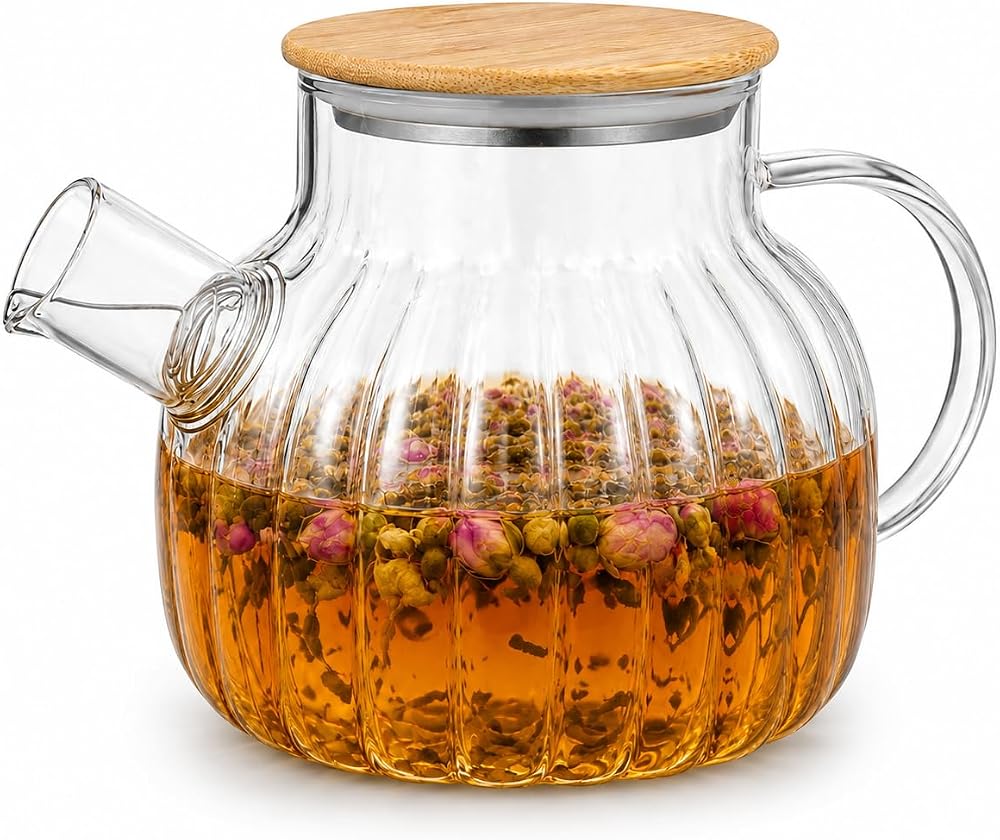 Orret Home Bambu Kapaklı Kendinden Süzgeçli Borosilikat Cam Demlik – 1000 ml Isıya Dayanıklı Termisil Cam Çay, Kahve ve Bitki Çayı Demliği, Cam Çaydanlık (Desenli)