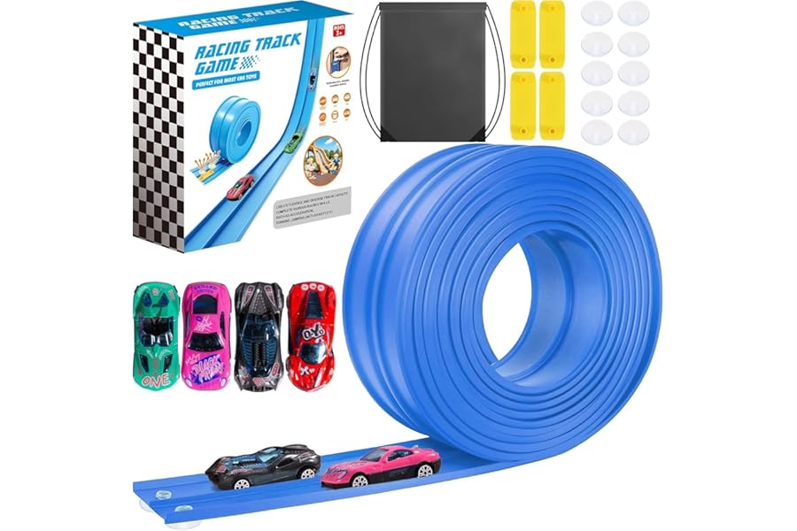 4.5 Meter Flex Race Car Ramp Track with Suction Cups, Rolls Up Portable DIY Racetrack Compatible with Diecast 1/64th Cars Model, Birthday Gifts for Boys Girls