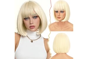 BARSDAR Blond Bob Perruque avec Franges, 30cm Courte Perruque Droite avec Franges pour Les Femmes Courte Bob Perruques Naturel Synthétiques Perruques (Platinum Blond)
