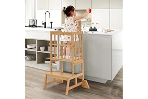 COSYLAND Height Adjustable Step Stool for Kids – Solid Bamboo Stool for Kitchen Counter Island, Durable & Safe (Wood)