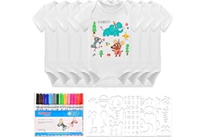 HENGBIRD Zum Bemalen Kurzarm Baby Body 8er Set Babyparty, Baby mit 8 Kurzarmbody (38 x 21 cm) 100% Bio Baumwolle Bunte Textilstift mit Schablonen für Babyparty Spiele Babyshower Strampler