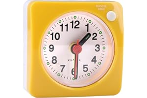 FUITKE Small Travel Alarm Clock, Silent Analogue Non Ticking Clocks with Snooze Nightlight Function Bedside No Tick Quiet Large Display Mini Alarm Clock for Heavy Sleepers, glow in the dark, 6cm (Yellow)