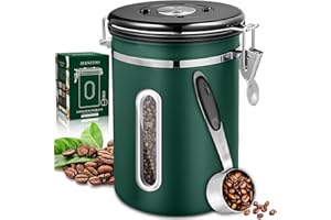 MAISITOO Bote para Café, 1.8L Tarro Hermético, Recipiente de Acero Inoxidable con Ventana Transparente y Cuchara, Rastreador de Fecha, para Grano o Té