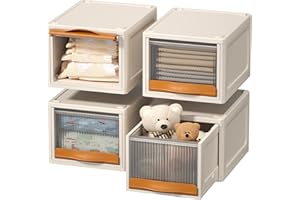 HAIXIN Boite rangement plastique, 16.5L boite de rangement, caisse rangement empilable avec couvercle et tiroir, Rangement Chambre à Coucher, blanc laiteux/poignée orange (lot de 4)