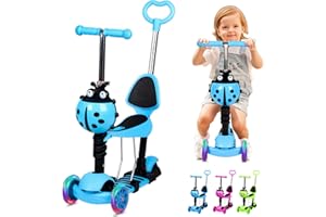 GURYON 5 in 1 Kids Scooter, 3 Wheels Kick Scooter with LED Flashing Light, Adjustable Removable Handlebar & Seat & Push Handle for 2-8 Years Old Boys and Girls