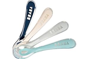 BÉABA, Lot de 4 Cuillères en Silicone pour Bébé et Enfant, 2ème Âge, à partir de 8 mois, Souple, Bout arrondi, Manche Ergonomique, Night Blue/Rose/Light Mist/Airy Green