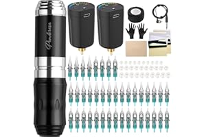 STIGMA Bezprzewodowa maszyna do tatuażu, zestaw z 2 sztukami baterii, 40 sztuk igieł dla początkujących i tatuatorów (kolor srebrny)